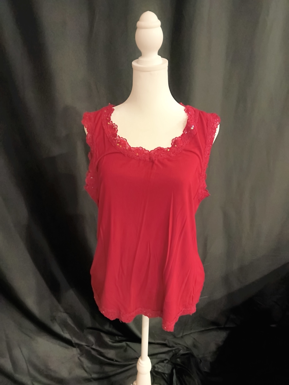Hillard & Hanson Wine Lace-Trim Tank with Sequins